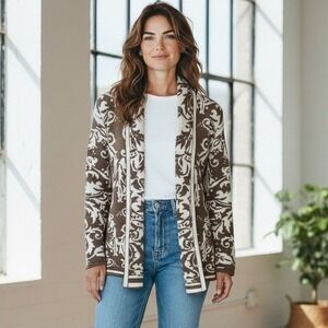 NEVE Brown Damask Print Merino Wool Cardigan Sweater Sz M Ski Nordic Winter Warm